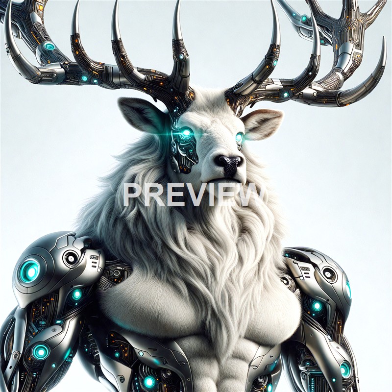 A majestic white deer with large, intricate, cybernetic antlers and parts integrated into its body, giving it a futuristic appearance.